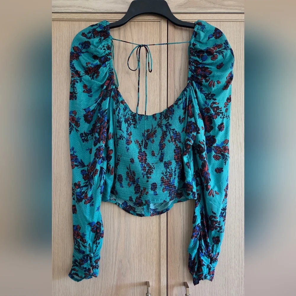 Free People Hilary Floral‎ Teal Long Sleeve Women's Top